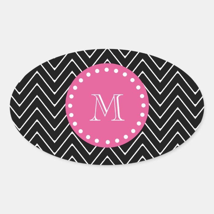 Hot Pink, Black and White Chevron  Your Monogram Oval Sticker