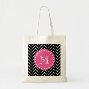 Hot Pink, Black and White Chevron   Your Monogram Tote Bag