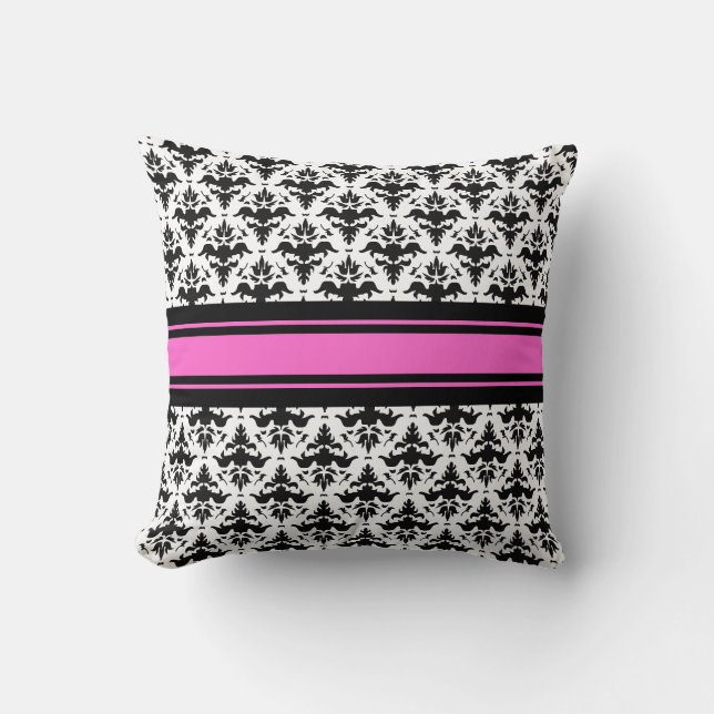 Hot Pink, Black and White French Damask Throw Pillow (Front)
