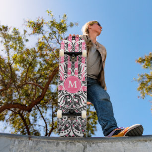 Hot Pink, Black and White Mandala - Monogram Skateboard