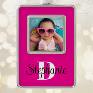Hot Pink Black and White Modern Monogram Photo V Christmas Ornament