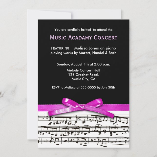 Hot Pink Black and white music recital concert Invitation (Front)