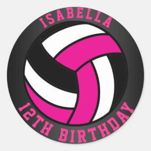Hot Pink, Black and White Volleyball Birthday Classic Round Sticker