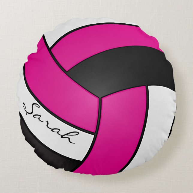 Hot Pink, Black and White Volleyball 🏐 | DIY Name Round Pillow (Front)