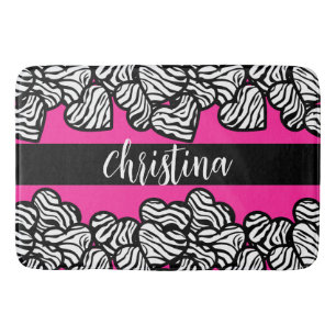 Hot pink black and white zebra pattern heart name bath mat