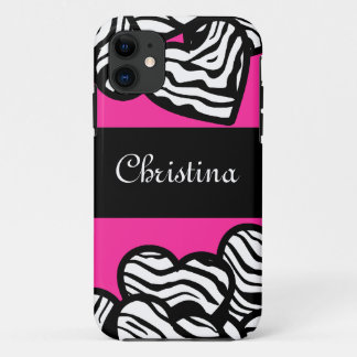 Hot pink black and white zebra pattern heart name iPhone 11 case
