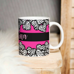 Hot pink black and white zebra pattern heart name coffee mug