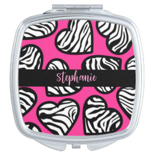 Hot pink black and white zebra pattern heart name  compact mirror