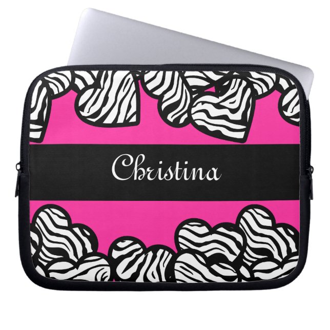 Hot pink black and white zebra pattern heart name  laptop sleeve (Front)