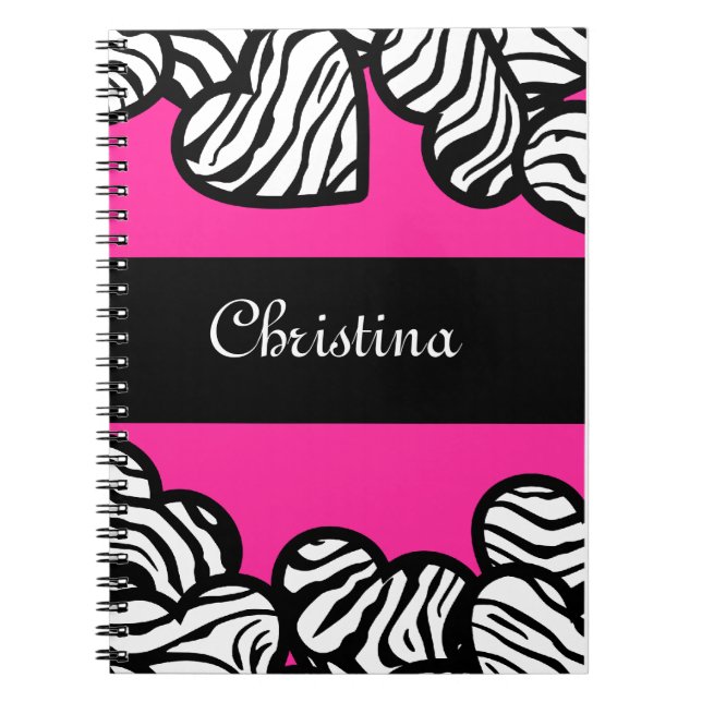 Hot pink black and white zebra pattern heart name  notebook (Front)