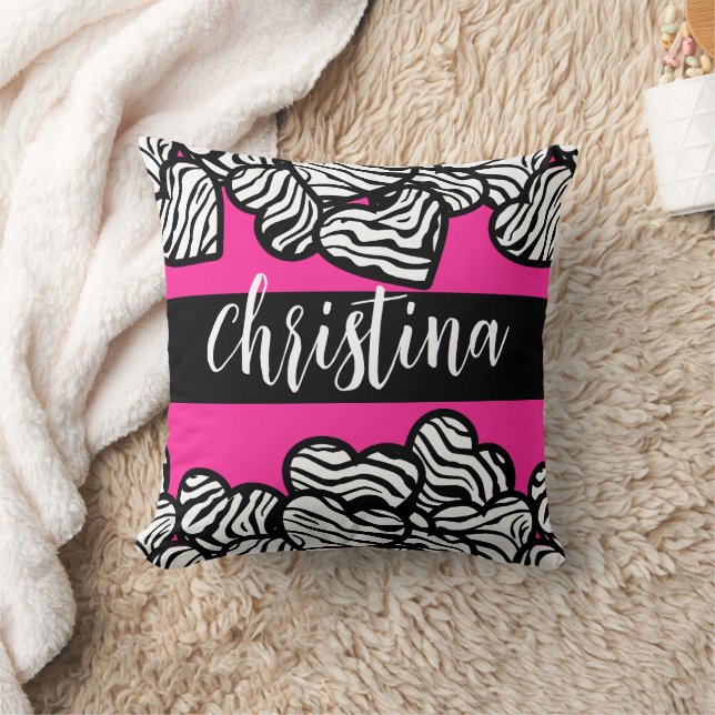 Hot pink black and white zebra pattern heart name  throw pillow (Blanket)