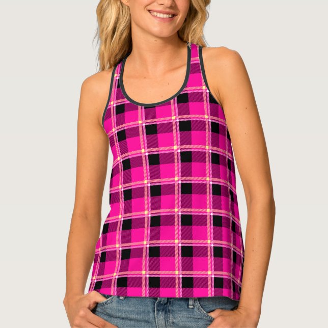 Hot Pink, Black and Yellow 3D Plaid Tank Top (Front)