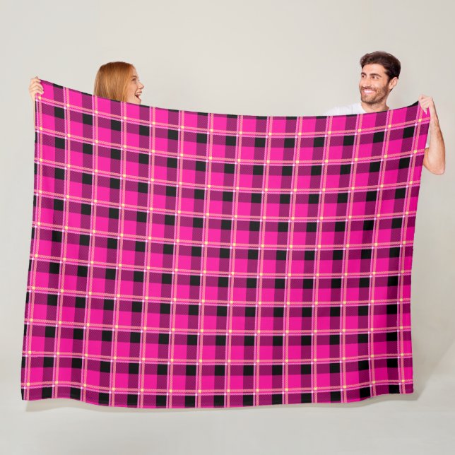 Hot Pink, Black and Yellow Plaid Fleece Blanket (In Situ)