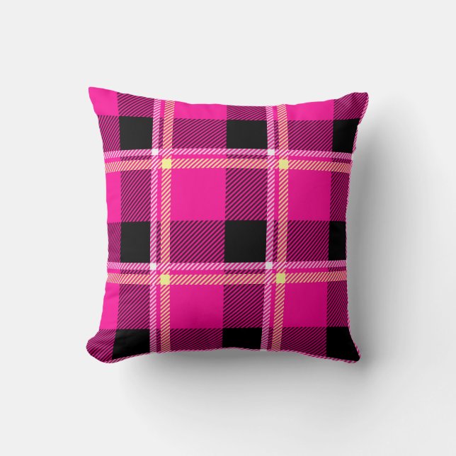 Hot Pink, Black and Yellow Plaid Throw Pillow (Front)