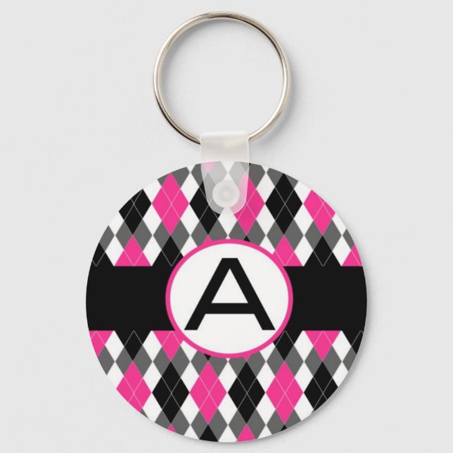 Hot Pink & Black Argyle Monogram Keychain "A" (Front)