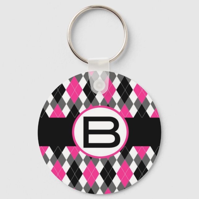 Hot Pink & Black Argyle Monogram Keychain "B" (Front)