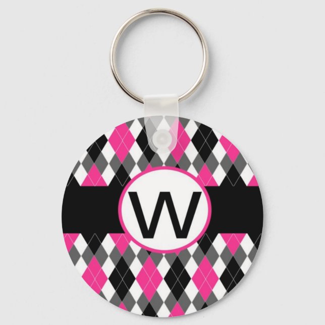 Hot Pink & Black Argyle Monogram Keychain "W" (Front)