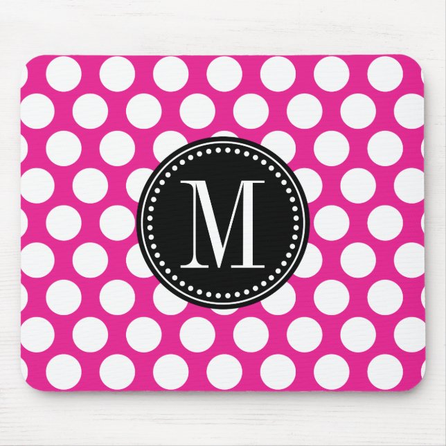 Hot Pink & Black Big Polka Dots Monogrammed Mouse Pad (Front)