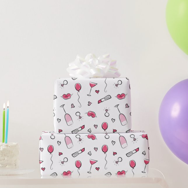 Hot Pink & Black Bridal Doodles Wrapping Paper (Party Gifts)