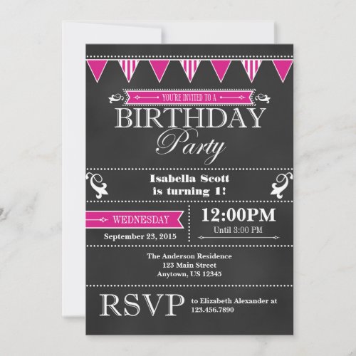 Hot Pink Black Chalkboard Birthday Invitation