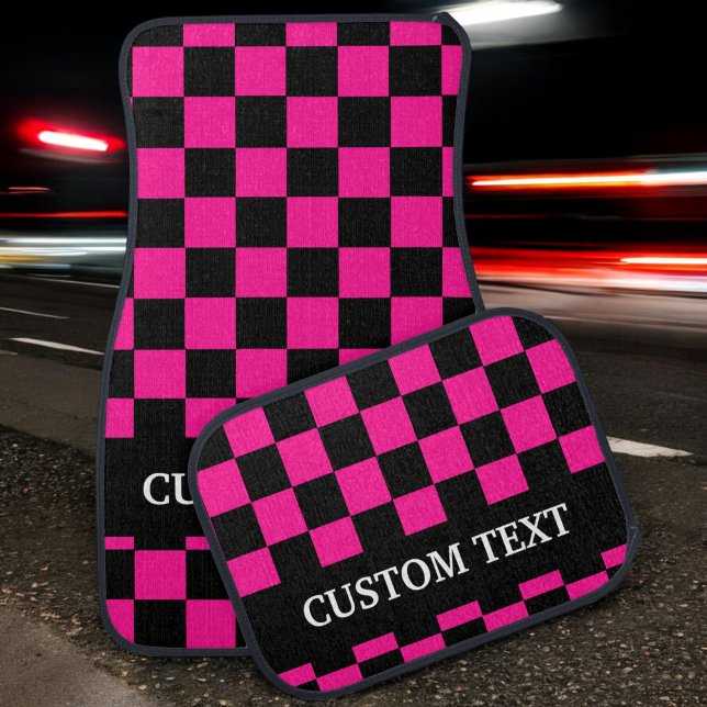 Hot Pink Black Checkered Flag Personalized Name Car Floor Mat (Creator Uploaded)