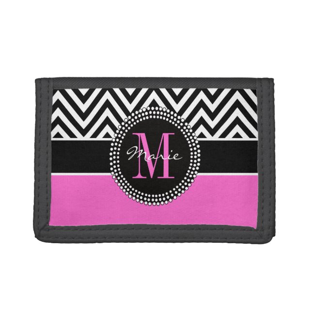 Hot Pink Black Chevron Chic Monogram Name Wallet (Front)