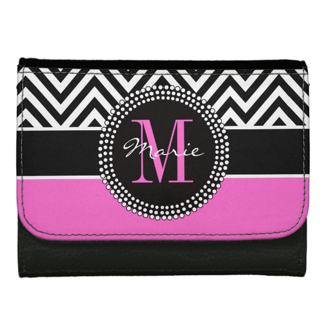 Hot Pink Black Chevron Chic Monogram Name Wallet (Front)