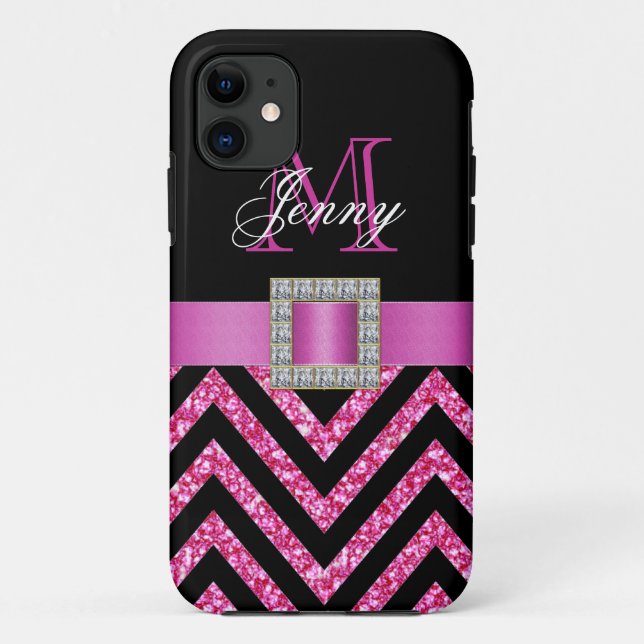 HOT PINK BLACK CHEVRON GLITTER GIRLY Case-Mate iPhone CASE (Back)