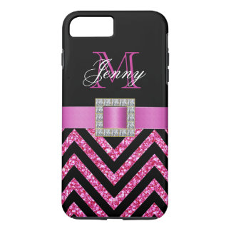 HOT PINK BLACK CHEVRON GLITTER GIRLY iPhone 8 PLUS/7 PLUS CASE