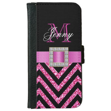 Hot Pink Black Chevron Glitter Girly Wallet Phone Case For Iphone 6/6s