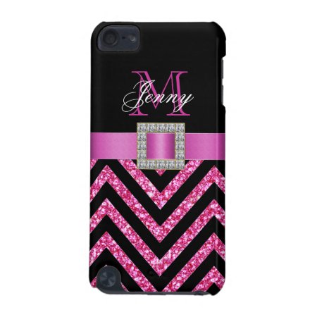 Hot Pink Black Chevron Glitter Girly Ipod Touch (5th Generation) Cover