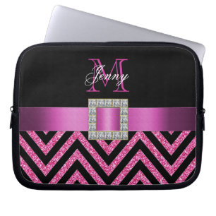 HOT PINK BLACK CHEVRON GLITTER GIRLY LAPTOP SLEEVE