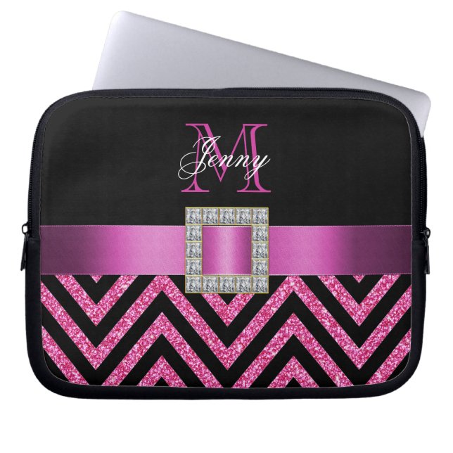 HOT PINK BLACK CHEVRON GLITTER GIRLY LAPTOP SLEEVE (Front)