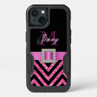 HOT PINK BLACK CHEVRON GLITTER GIRLY iPhone 13 CASE