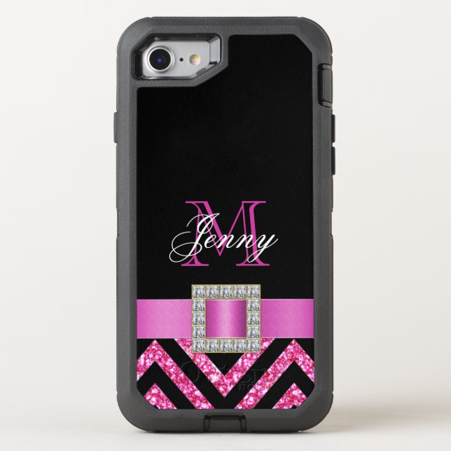 HOT PINK BLACK CHEVRON GLITTER GIRLY OTTERBOX iPhone CASE (Back)