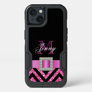 HOT PINK BLACK CHEVRON GLITTER GIRLY iPhone 13 CASE