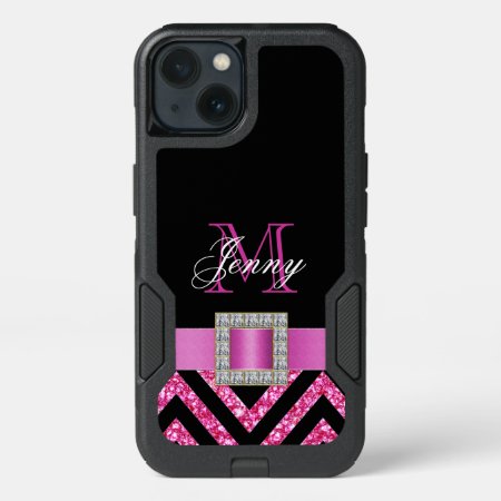 Hot Pink Black Chevron Glitter Girly Iphone 13 Case