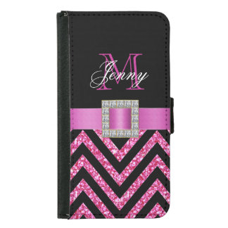 HOT PINK BLACK CHEVRON GLITTER GIRLY SAMSUNG GALAXY S5 WALLET CASE