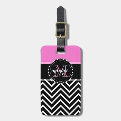 Hot Pink  Black Chevron Zigzag Monogram Luggage Tag