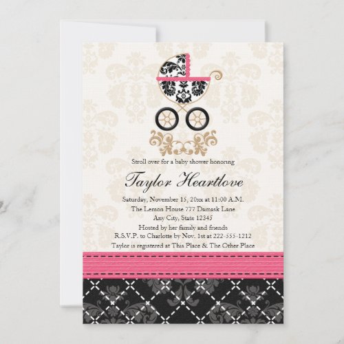 HOT PINK BLACK DAMASK BABY CARRIAGE BABY SHOWER INVITATION