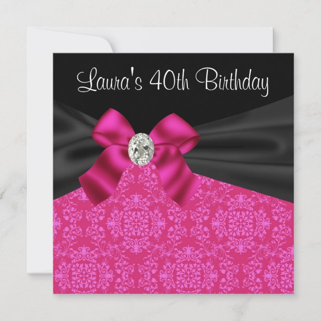 Hot Pink Black Damask Birthday Party Invitation (Front)