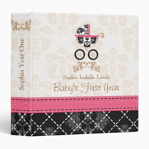 Hot Pink Black DAMASK Carriage Baby Photo Album Binder