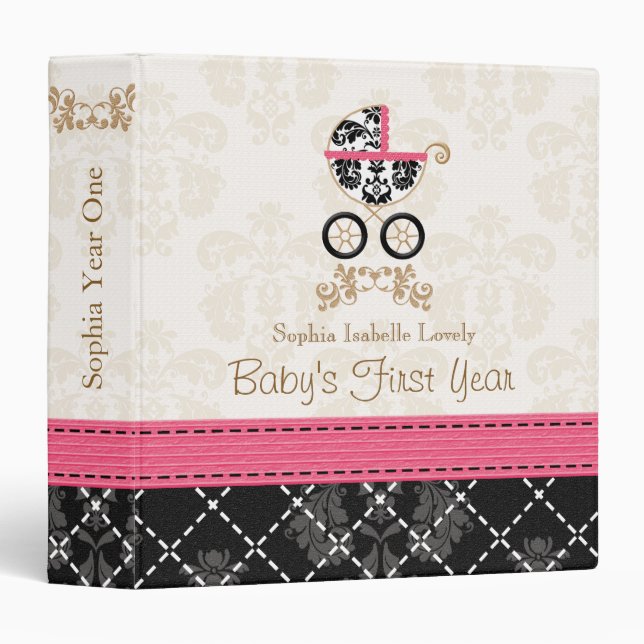 Hot Pink Black DAMASK Carriage Baby Photo Album Binder (Front/Spine)