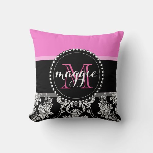 Hot Pink Black Damask Girly Monogram Pattern Throw Pillow
