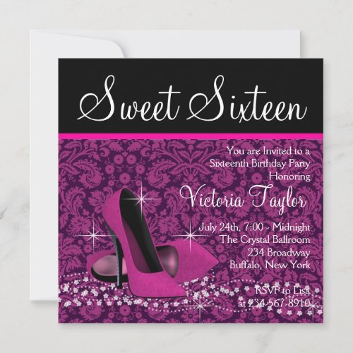 Hot Pink Black Damask High Heels Sweet 16 Party Invitation