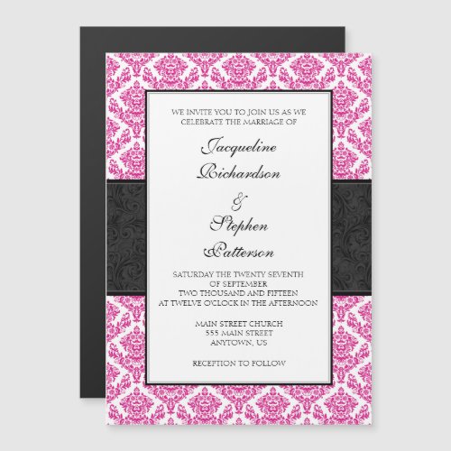 Hot Pink Black Damask Magnetic Wedding Invites