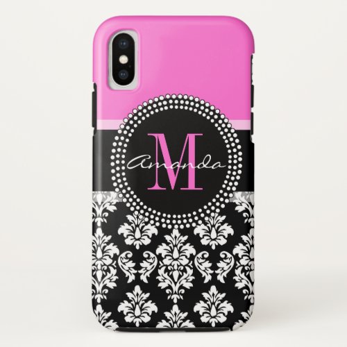 Hot Pink Black Damask Monogram Name iPhone X Case