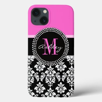 Hot Pink Black Damask Monogrammed Iphone 13 Case by DamaskGallery at Zazzle