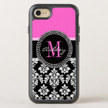 Hot Pink Black Damask Monogrammed