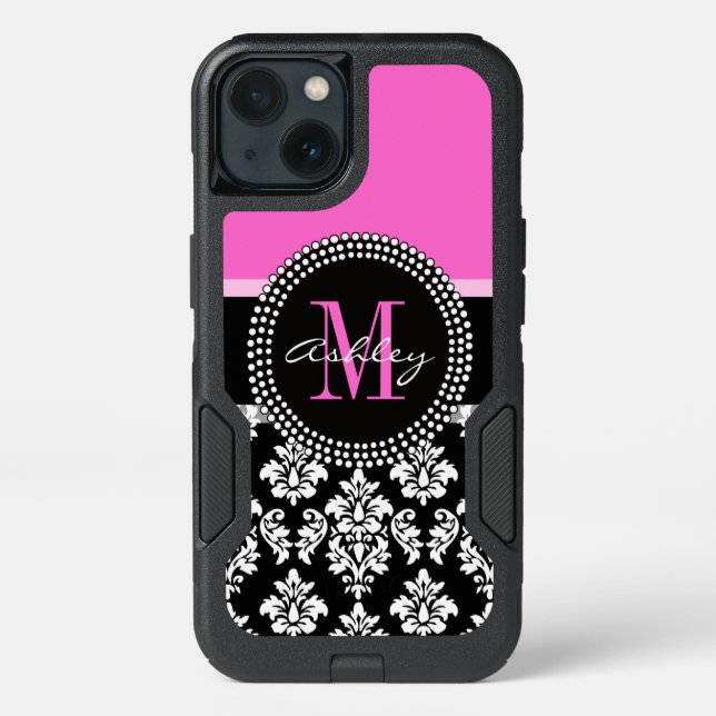 Hot Pink Black Damask Monogrammed Otterbox iPhone Case (Back)